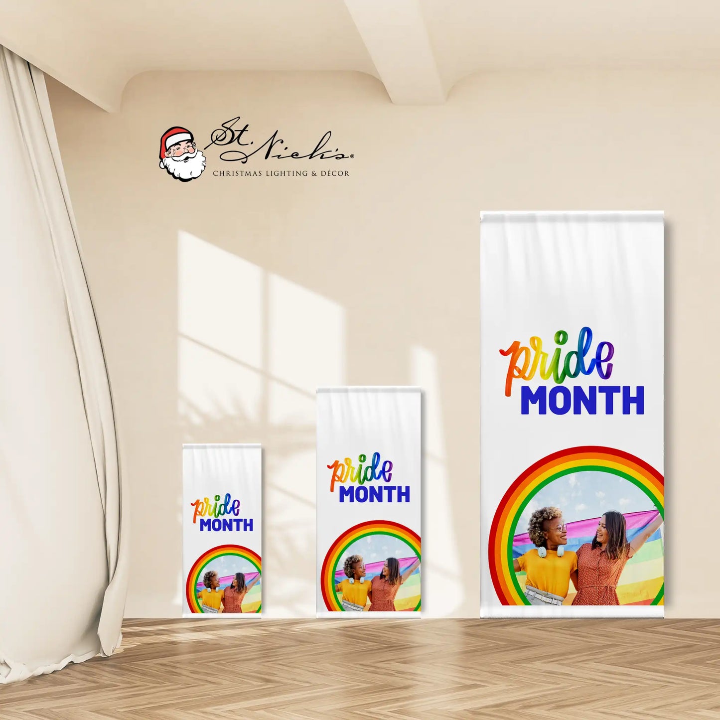Pride Month photo pole banner shown in multiple size options