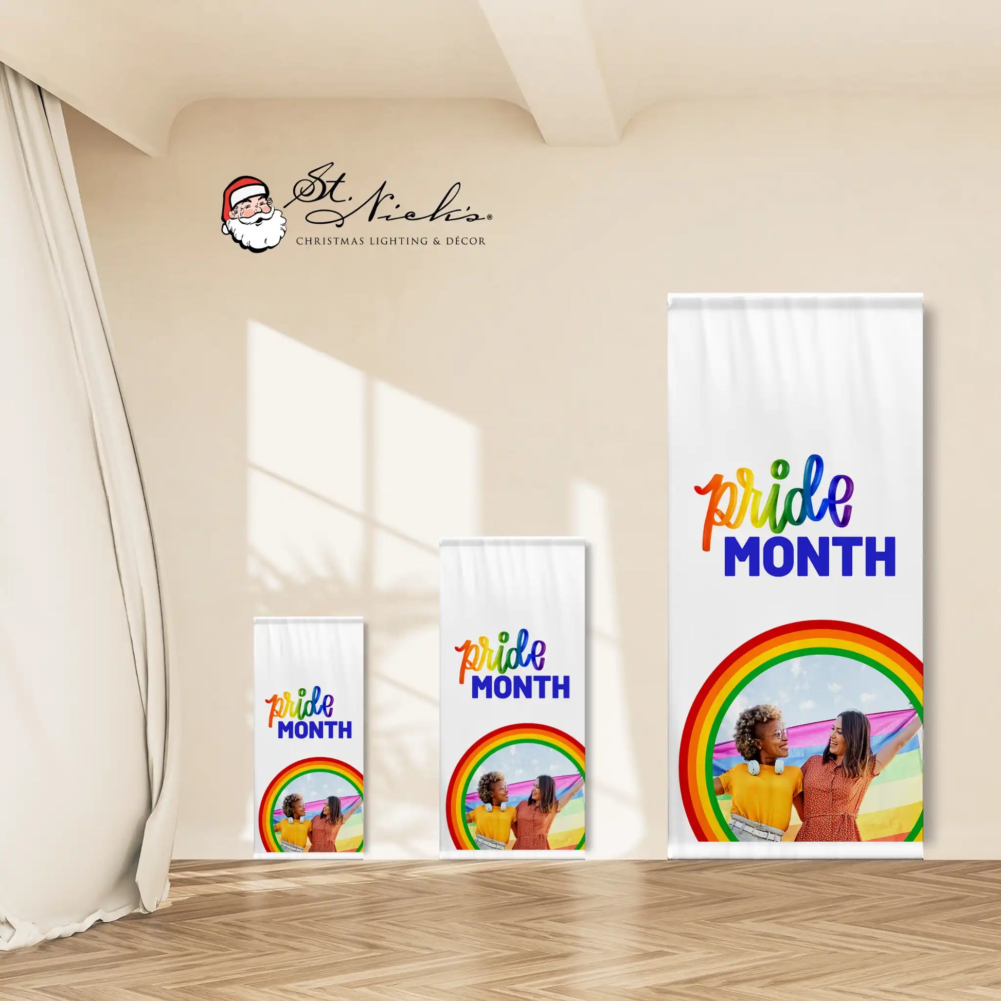 Pride Month photo pole banner shown in multiple size options