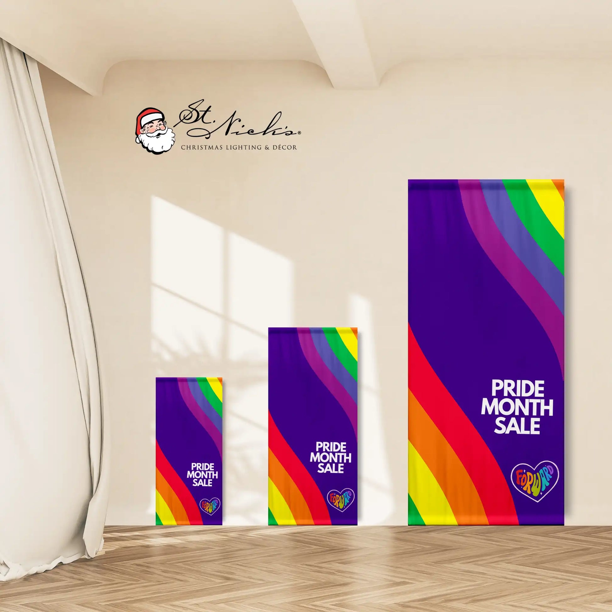 Pride Month Sale rainbow wave pole banner shown in multiple size options