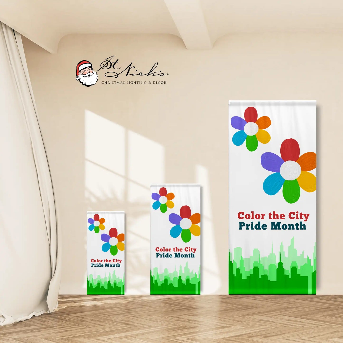 Proud Everyday rainbow pride pole banner shown in multiple size options