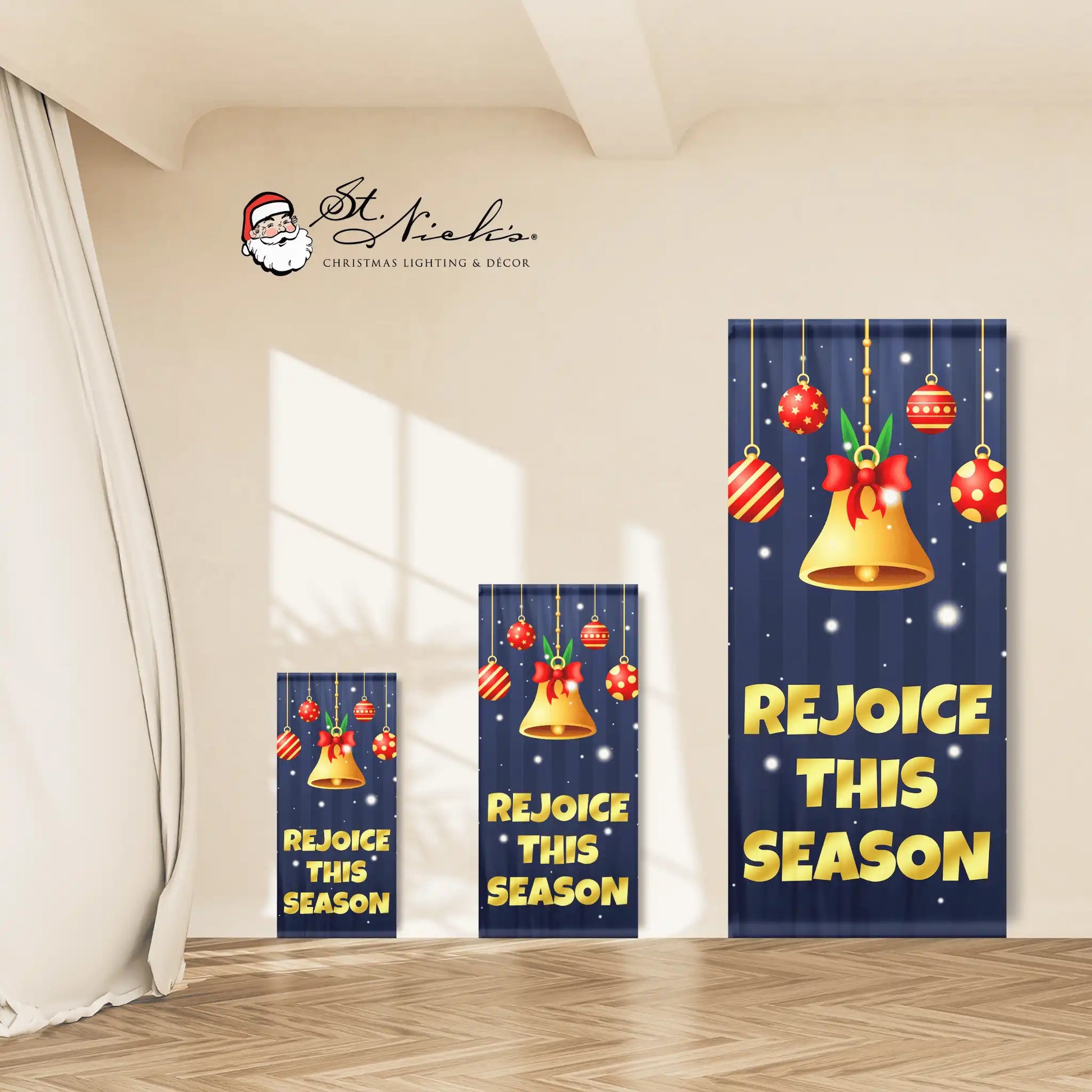 Rejoice This Season Christmas pole banner shown in multiple size options