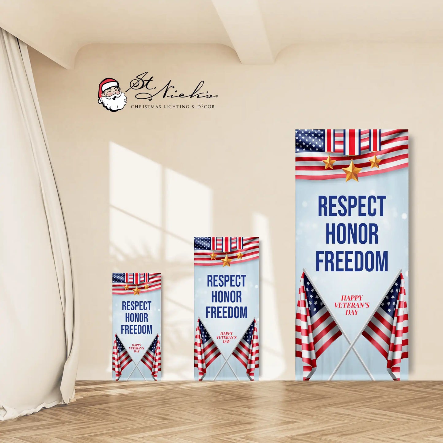 Respect Honor Freedom red white and blue banner size options with patriotic flag design