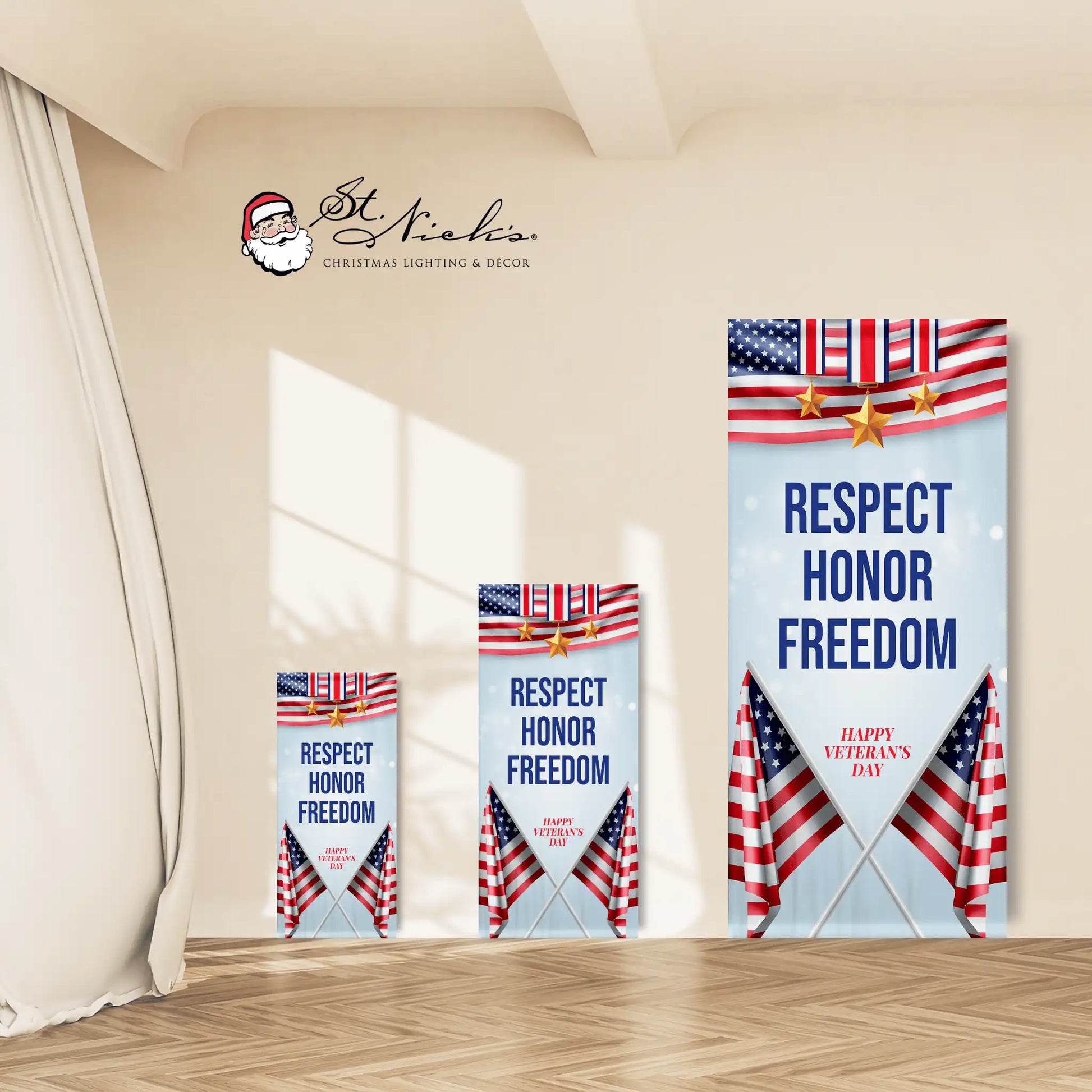 Respect Honor Freedom red white and blue banner size options with patriotic flag design