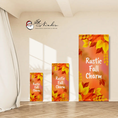 Rustic Fall Charm fall pole banner shown in multiple size options for seasonal street décor