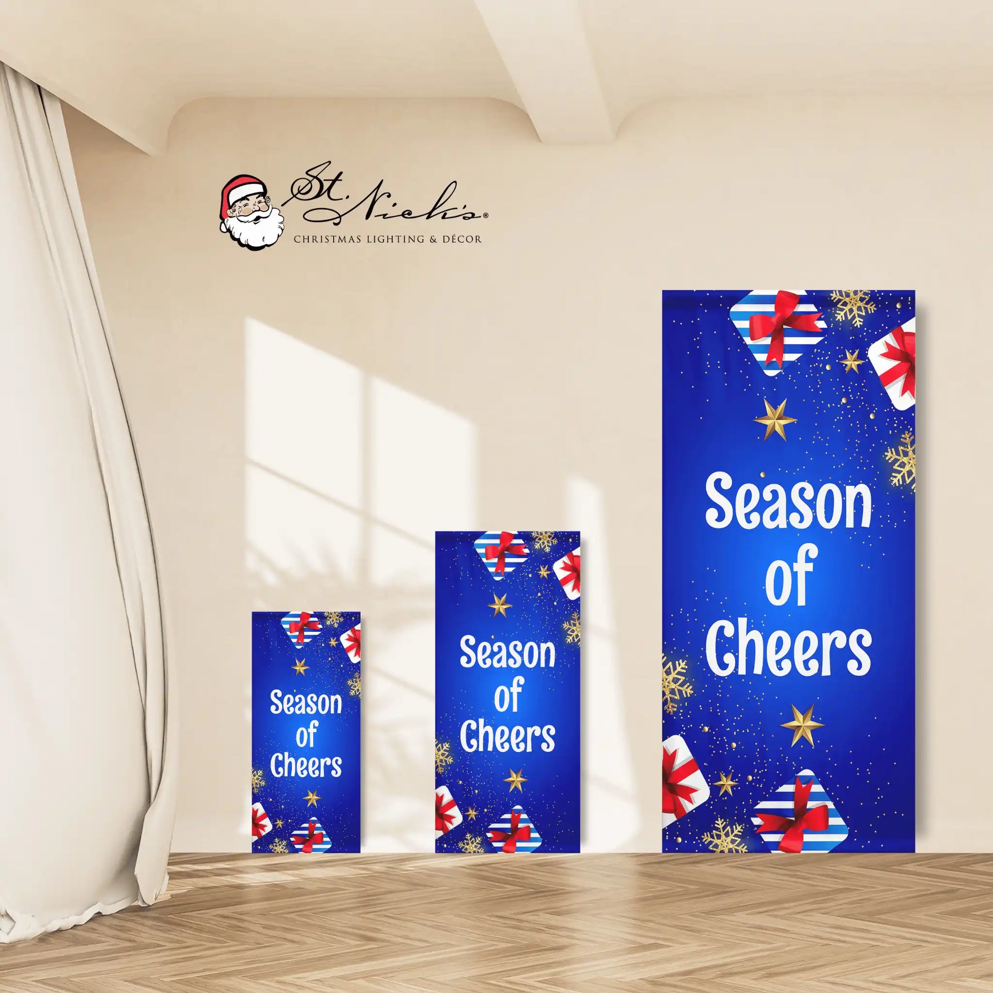 Season of Cheers Christmas pole banner shown in multiple size options