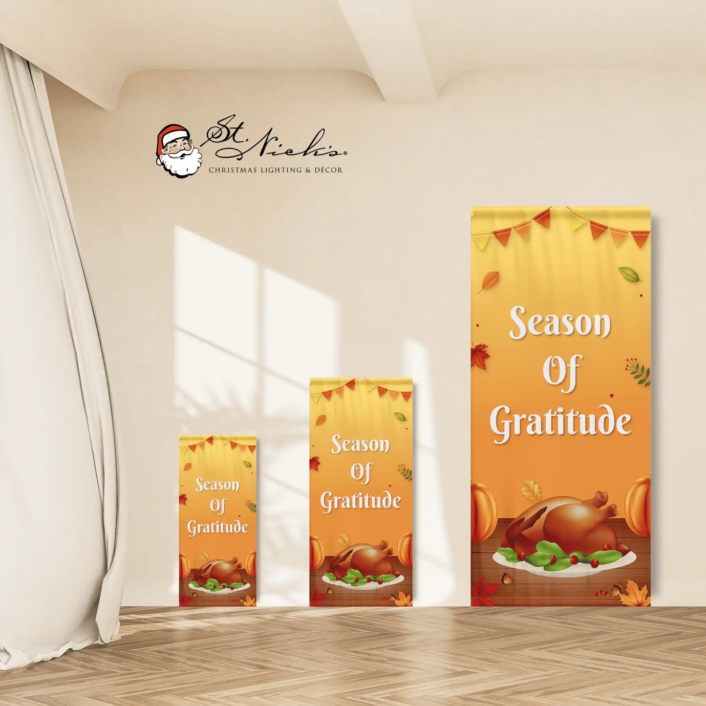 Season of Gratitude Thanksgiving pole banner shown in multiple size options