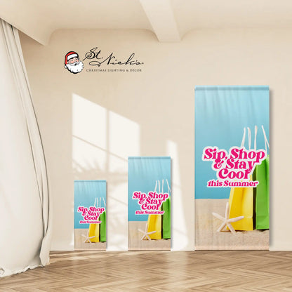 Sip Shop Stay Cool light blue banner shown in multiple sizes with retail-themed summer design