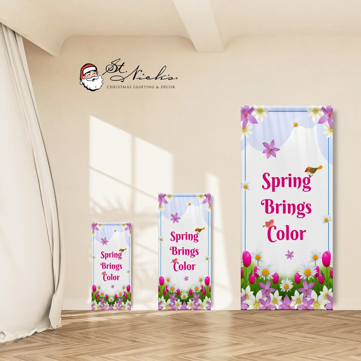 Spring Brings Color spring pole banner shown in multiple size options for seasonal street décor