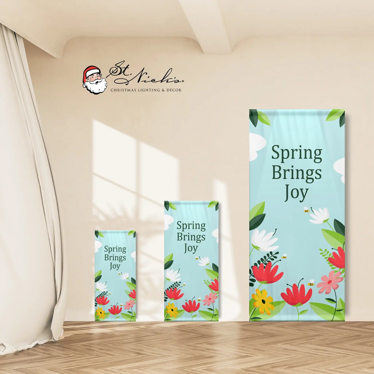 Spring Brings Joy spring pole banner shown in multiple size options