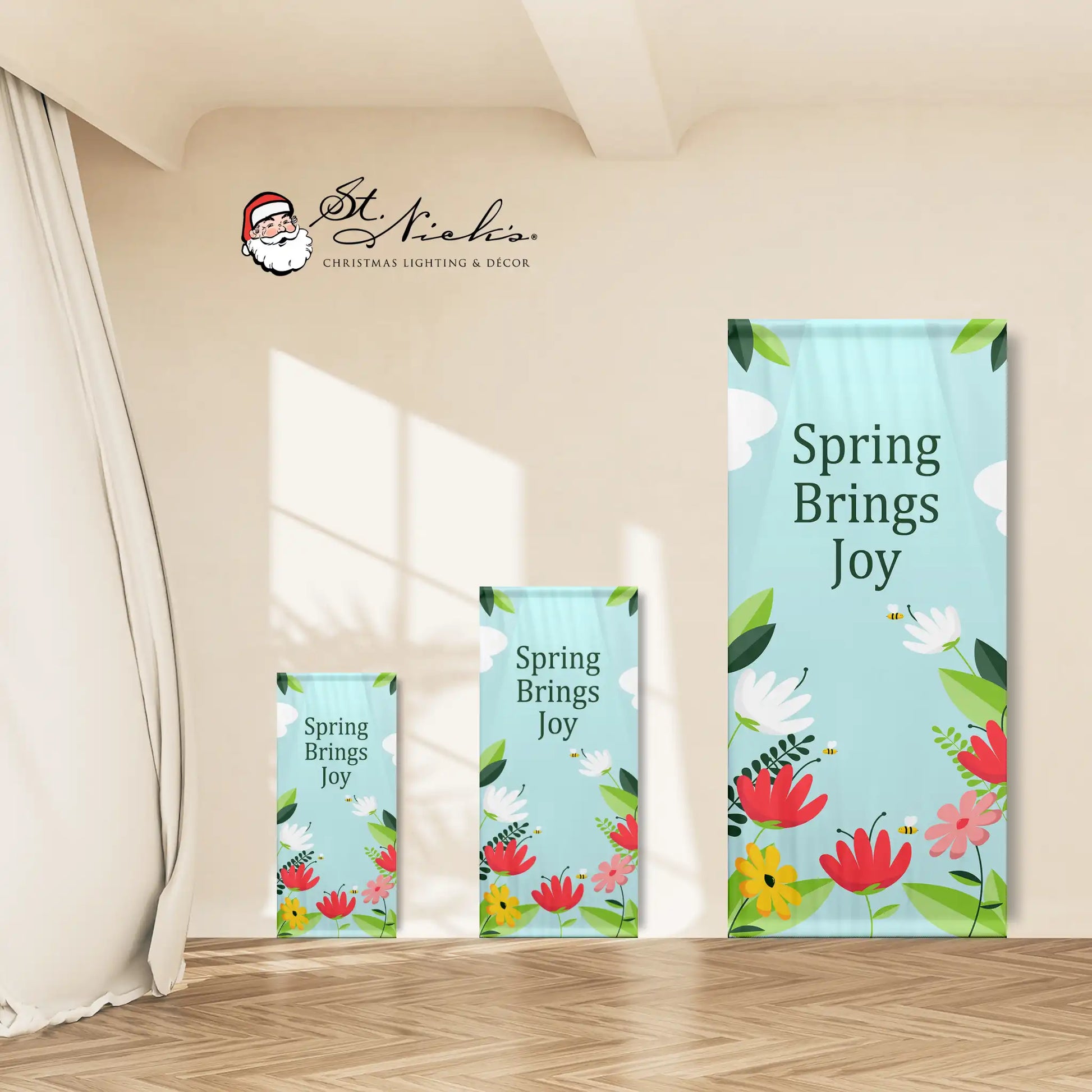 Spring Brings Joy spring pole banner shown in multiple size options