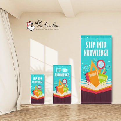 Step Into Knowledge school pole banner shown in multiple size options