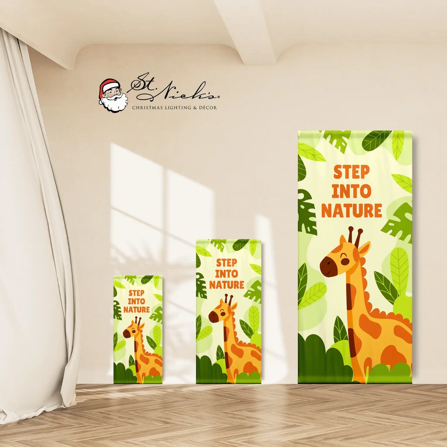 Step Into Nature green banner shown in multiple sizes with playful giraffe and jungle leaf design
