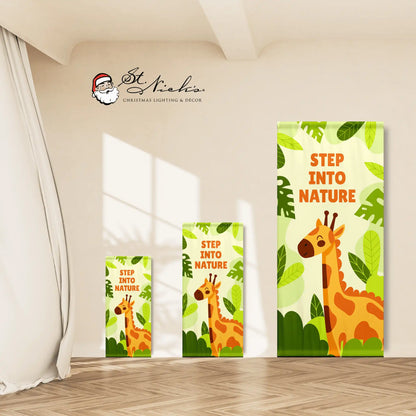 Step Into Nature green banner shown in multiple sizes with playful giraffe and jungle leaf design