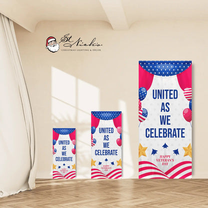 United As We Celebrate Veterans Day pole banner shown in multiple size options