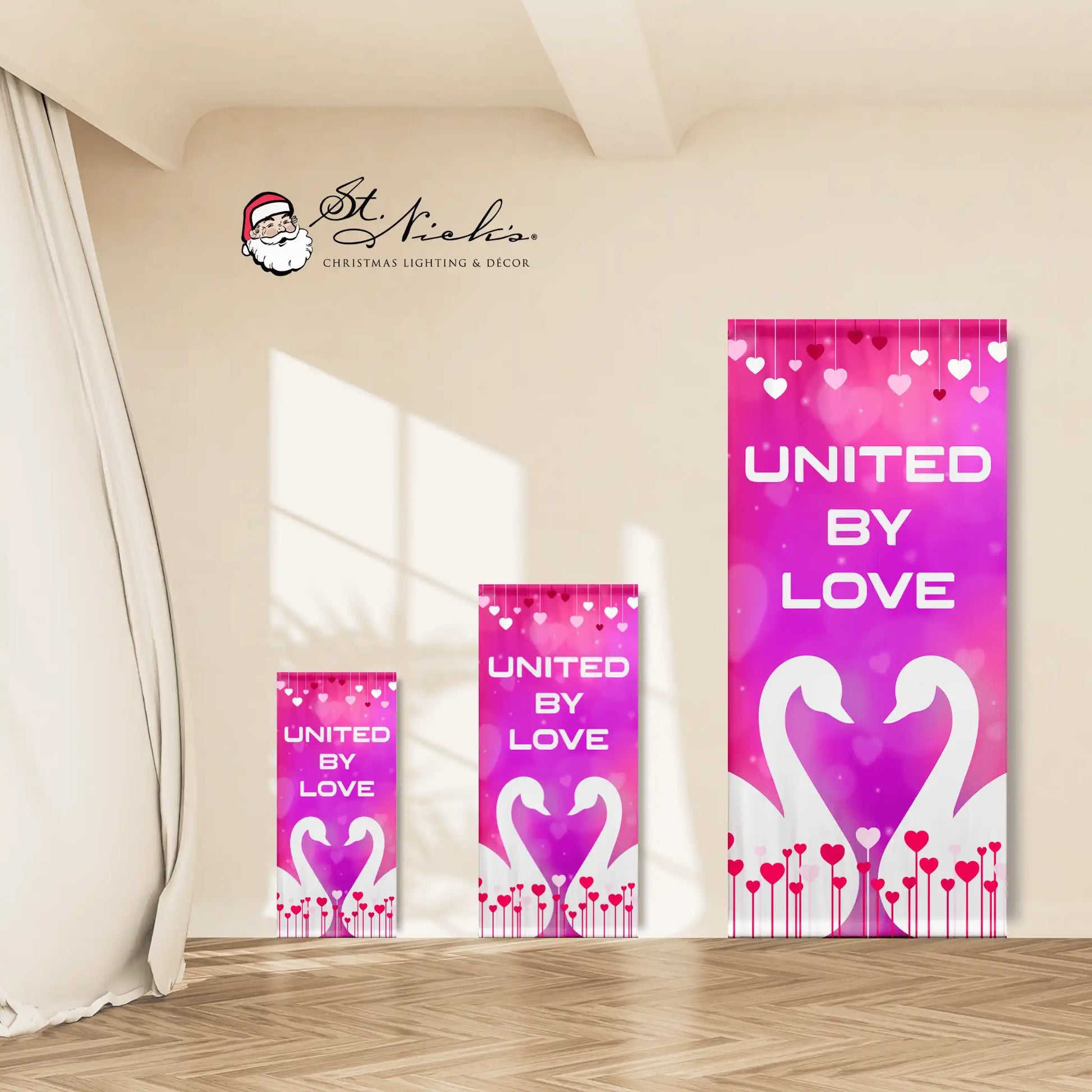 United By Love Valentine pole banner shown in multiple size options