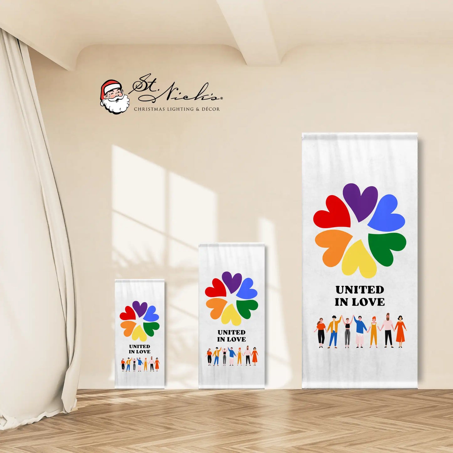United in Love pride pole banner displayed in multiple size options