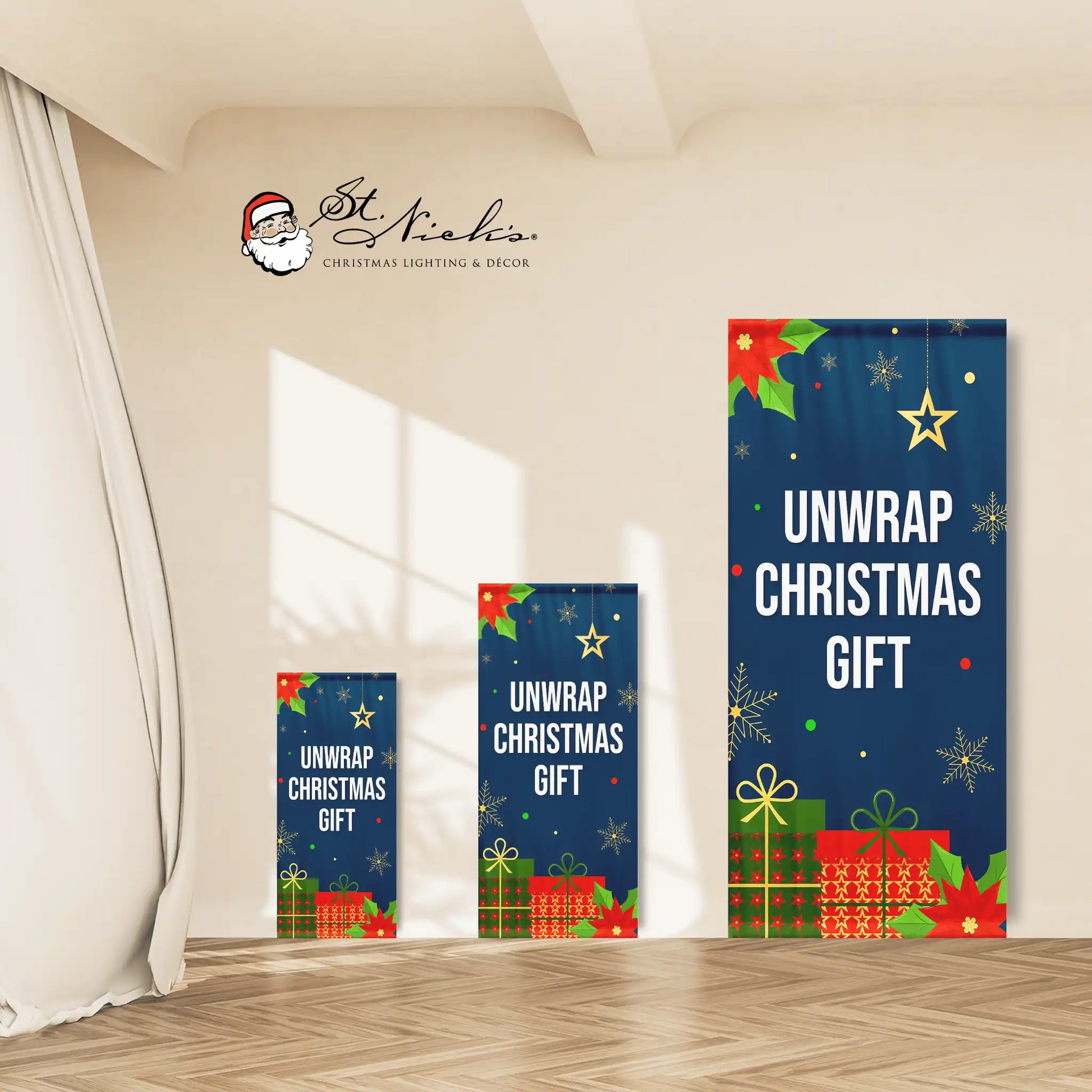 Unwrap Christmas Gift Christmas pole banner shown in multiple size options