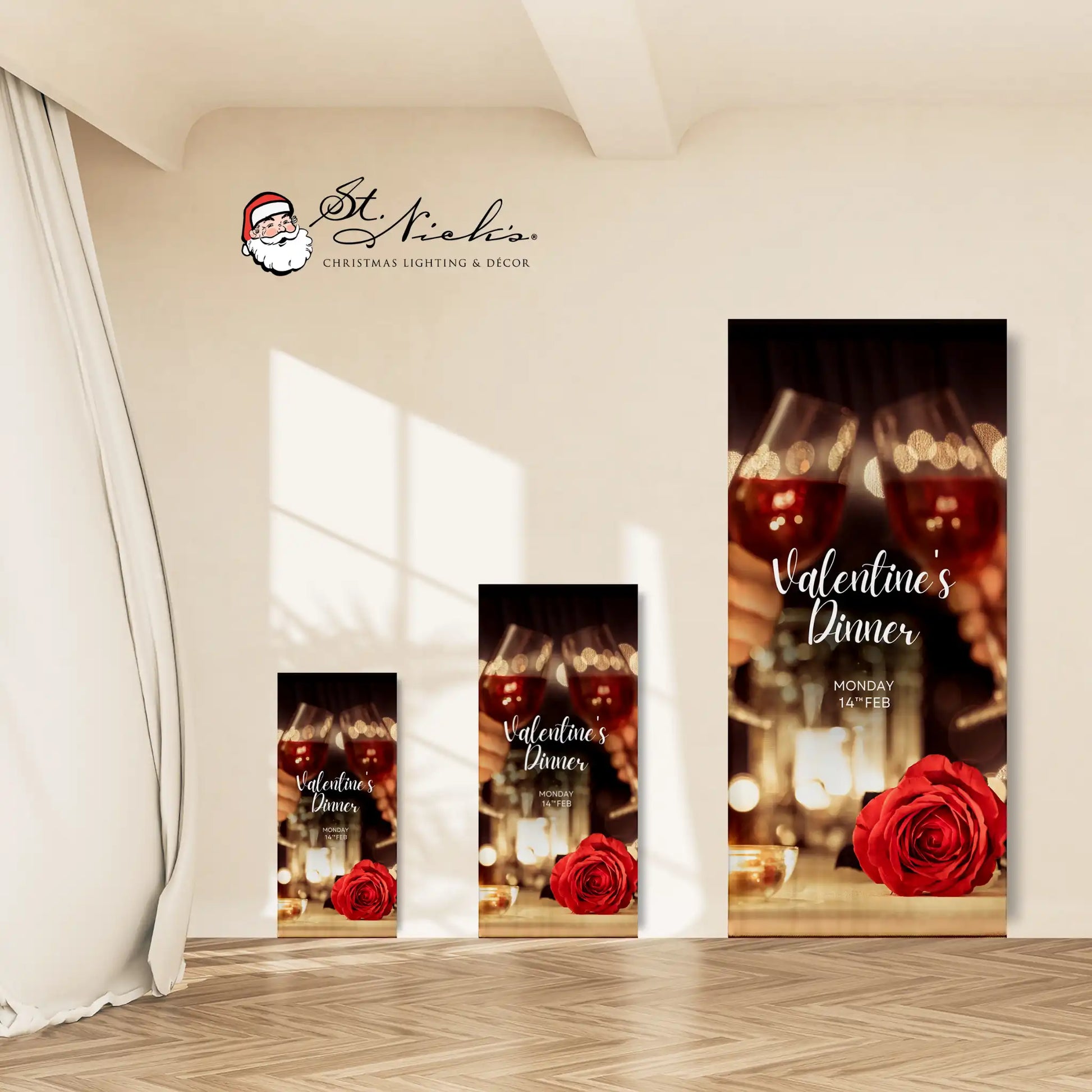 Valentine’s Dinner pole banner shown in multiple size options