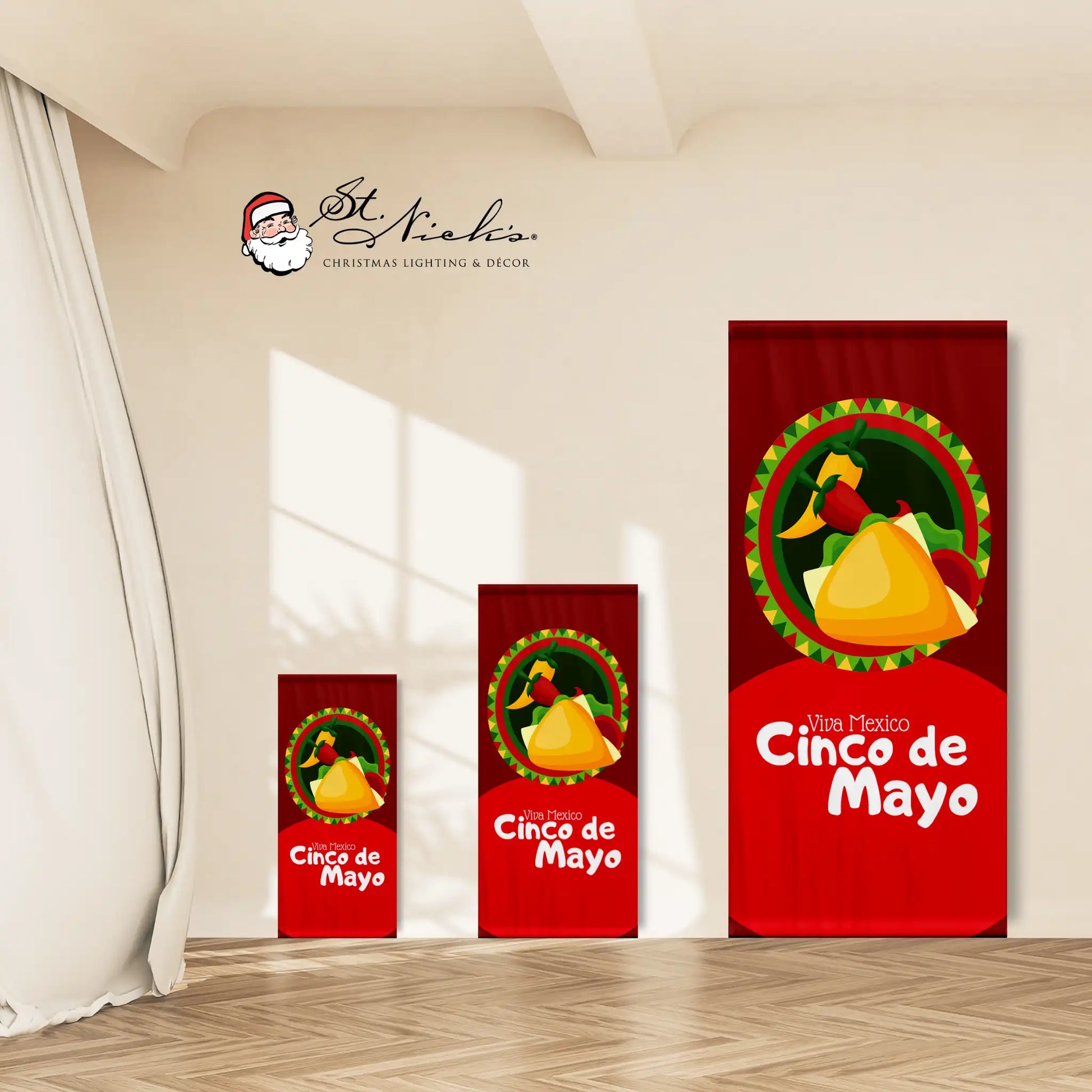 Viva Mexico Cinco de Mayo pole banner shown in multiple size options