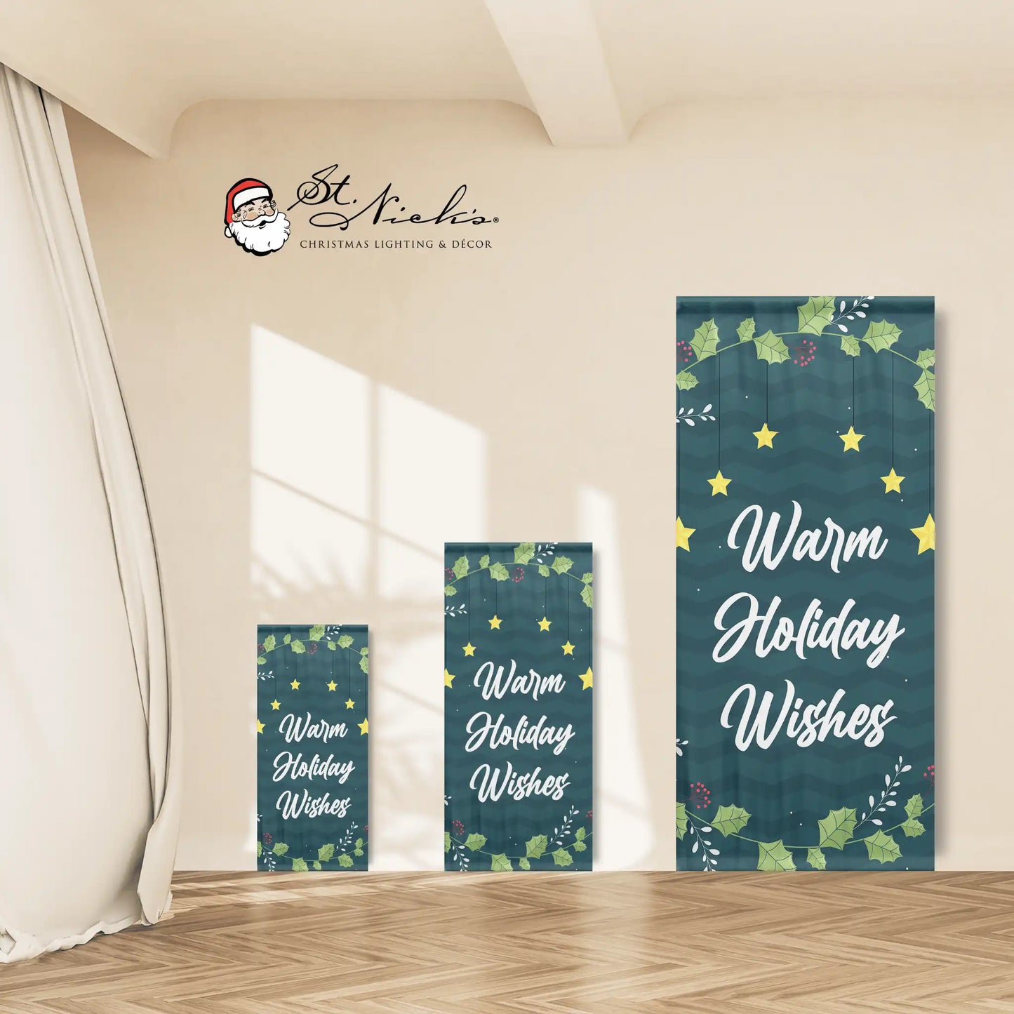 Warm Holiday Wishes Christmas pole banner shown in multiple size options