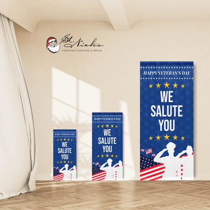 We Salute You blue Veterans Day banner shown in multiple size options