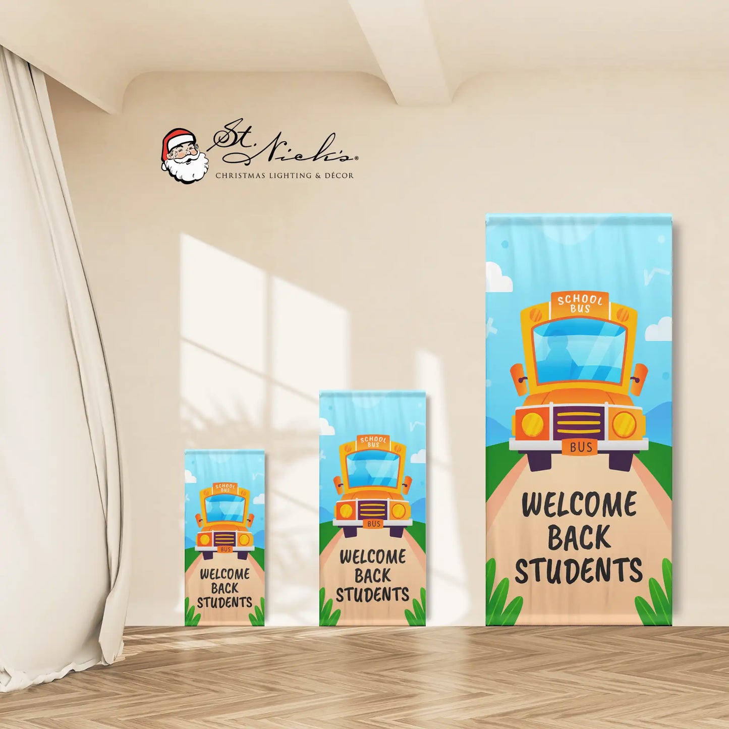 Welcome Back Students school bus pole banner shown in multiple size options