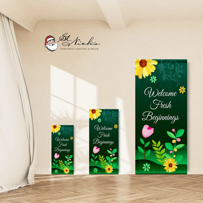 Welcome Fresh Beginnings spring pole banner shown in multiple size options