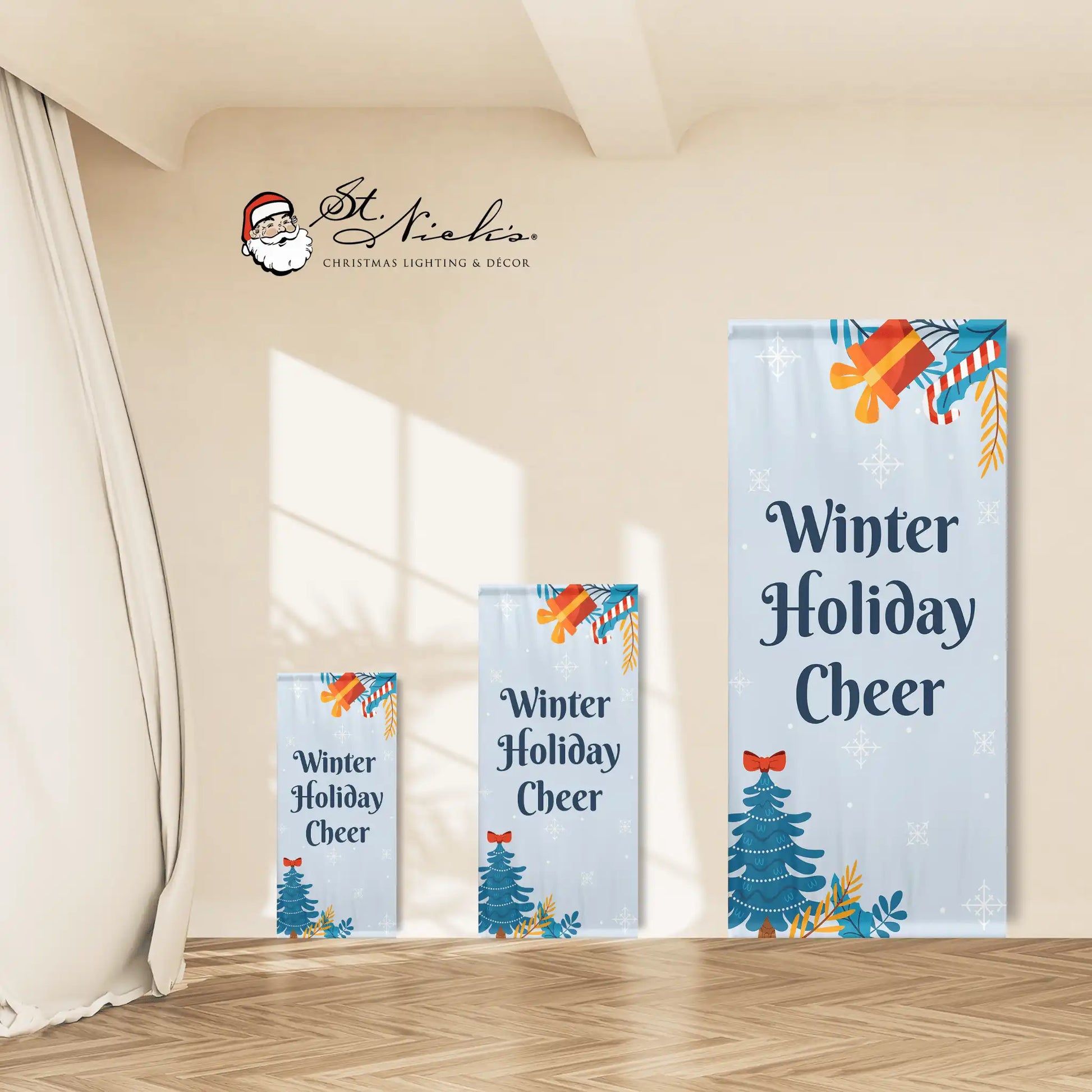 Winter Holiday Cheer winter pole banner shown in multiple size options