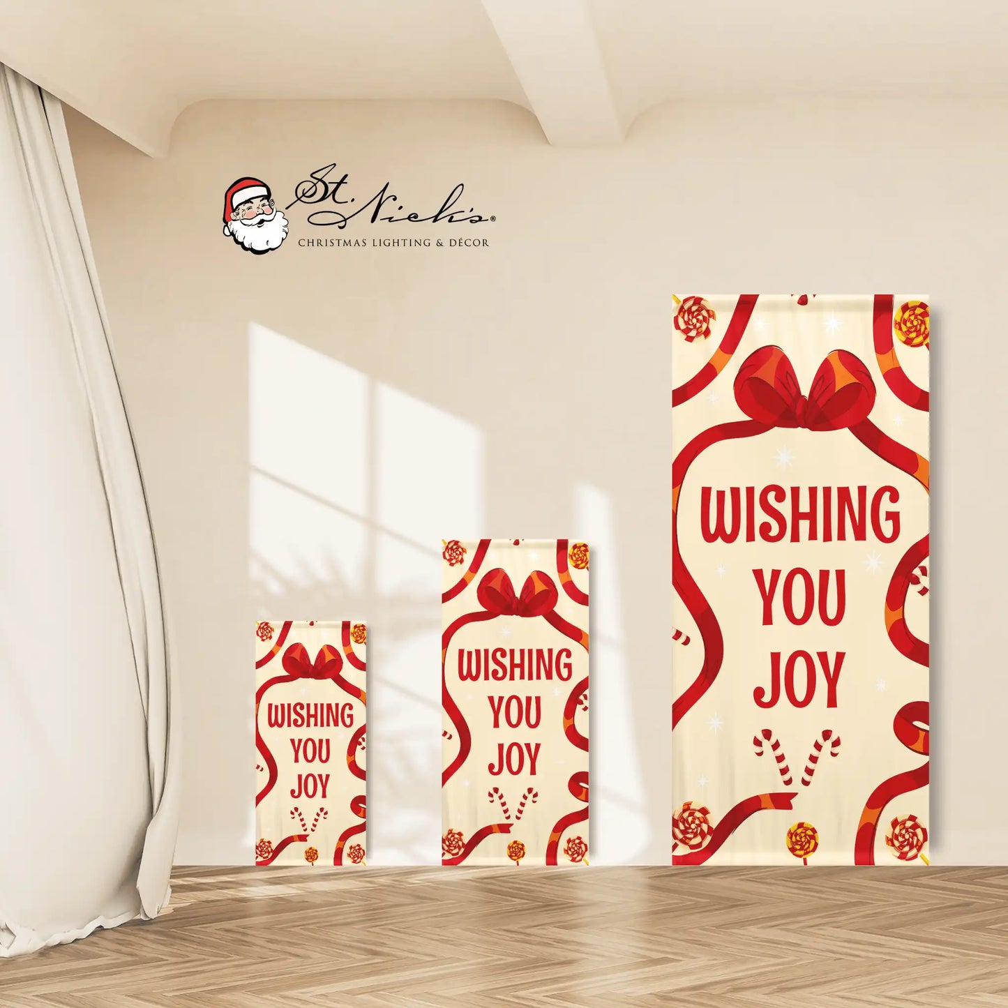 Wishing You Joy holiday pole banner shown in multiple size options