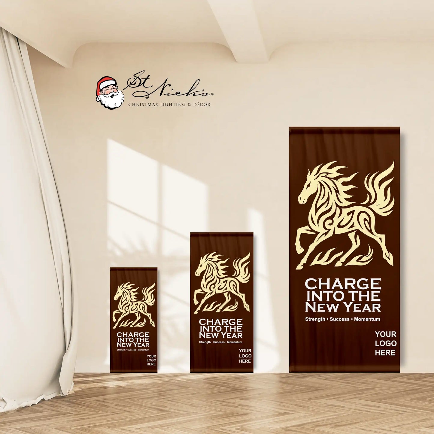 Year of the Horse Lunar New Year pole banner shown in multiple size options