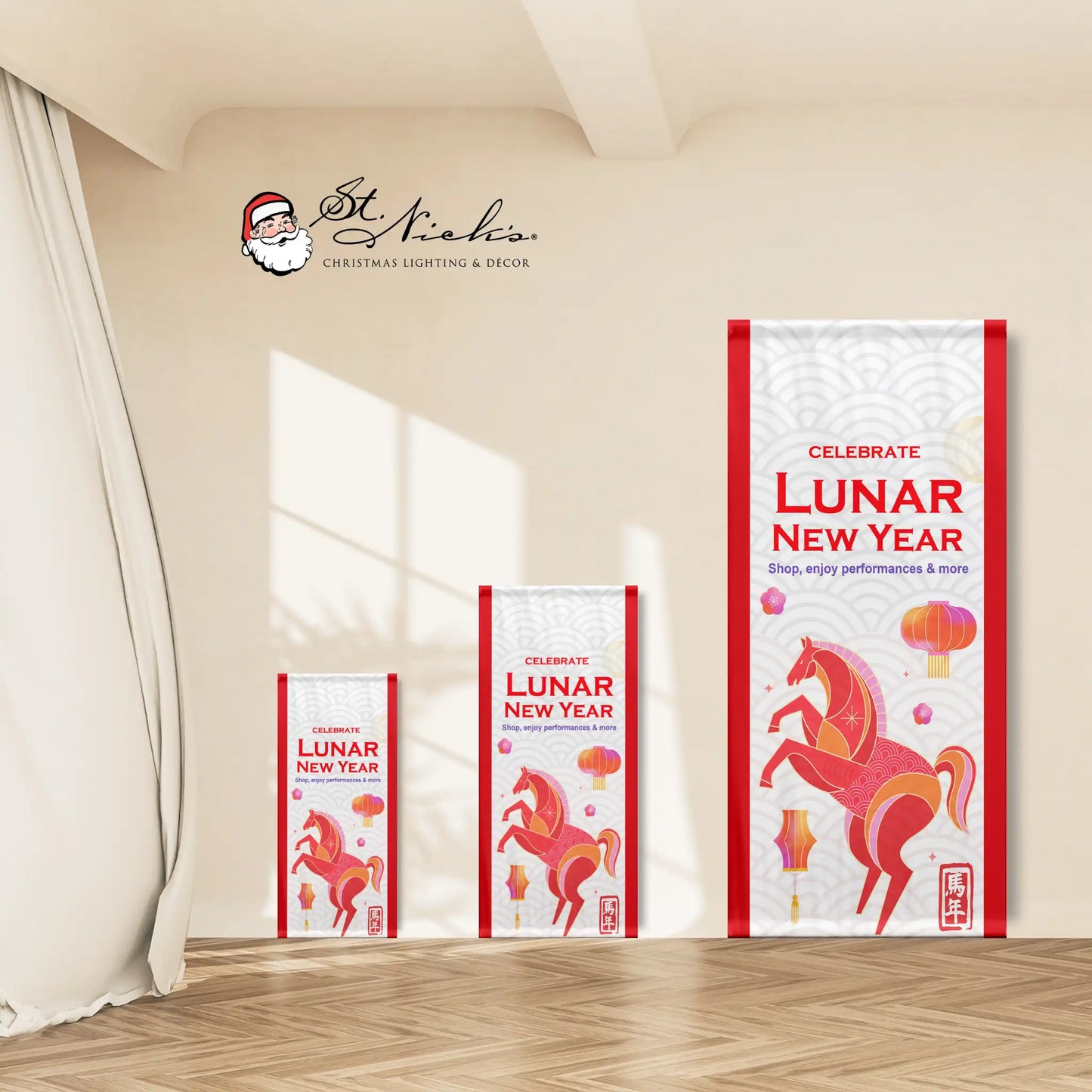 Year of the Horse Lunar New Year pole banner displayed in multiple size options