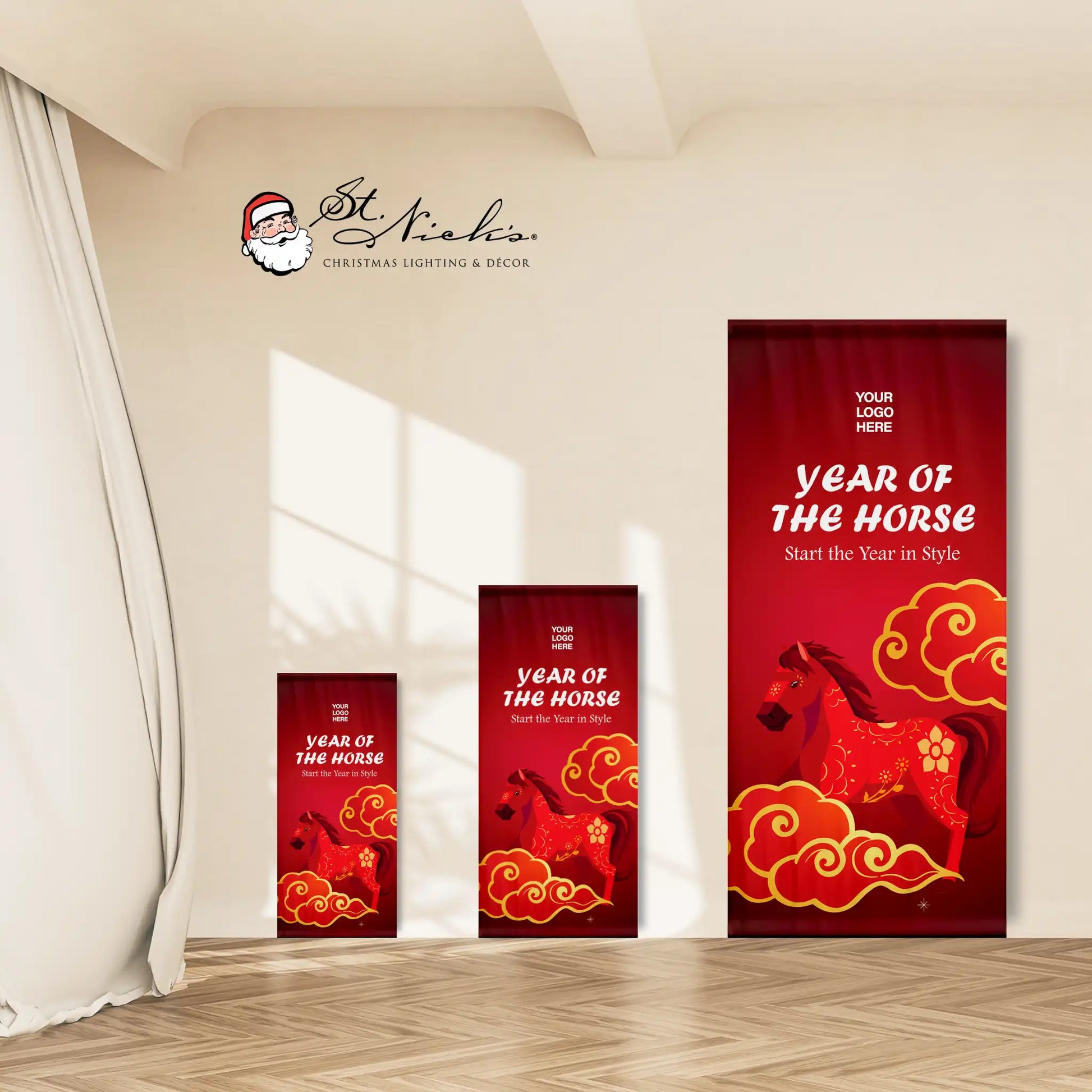 Year of the Horse Lunar New Year pole banner shown in multiple size options