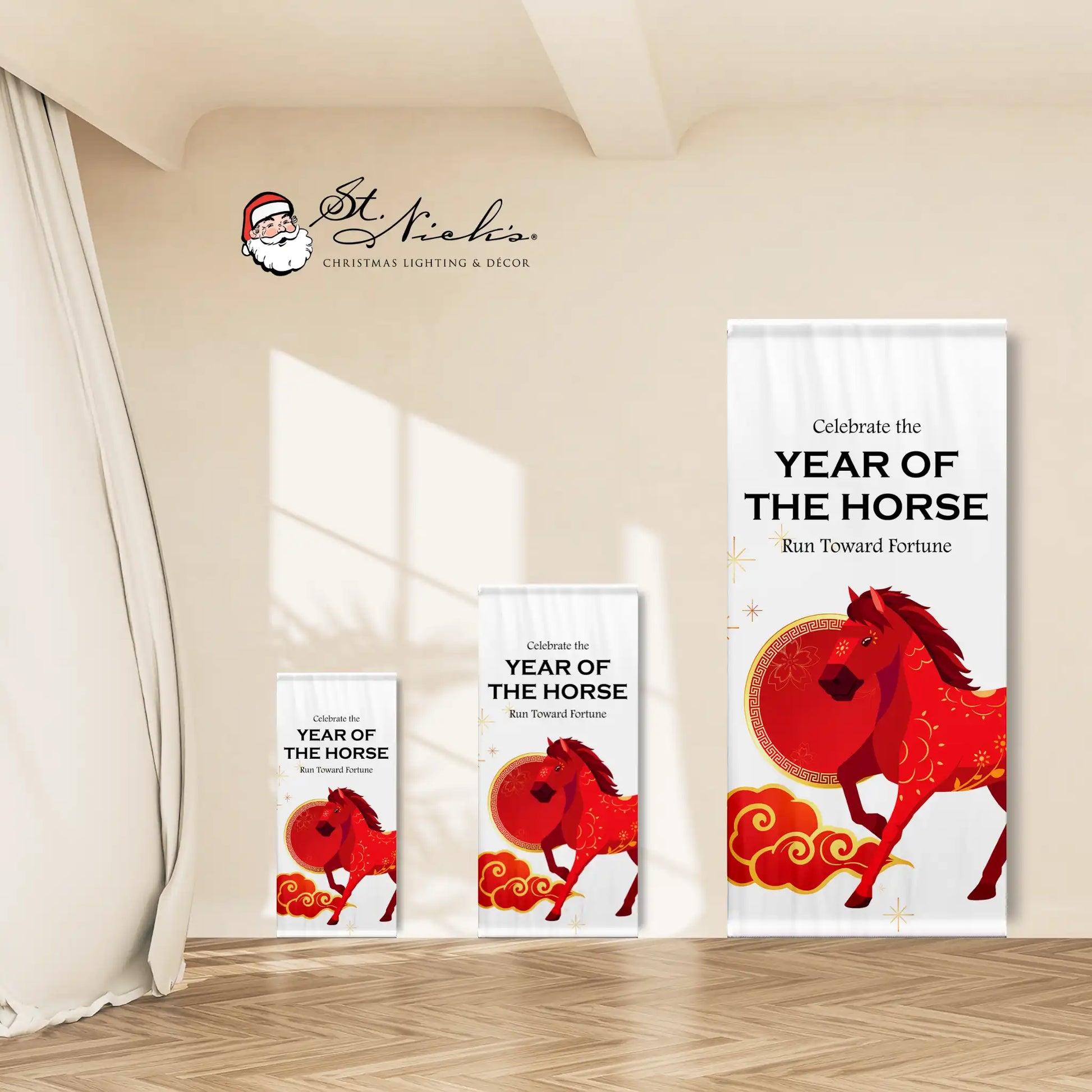 Year of the Horse Lunar New Year white pole banner displayed in multiple size options