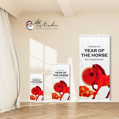 Year of the Horse Lunar New Year white pole banner displayed in multiple size options
