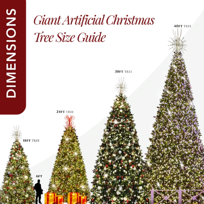 Giant Artificial Christmas Tree Size Guide with trees of different heights and decorative styles.