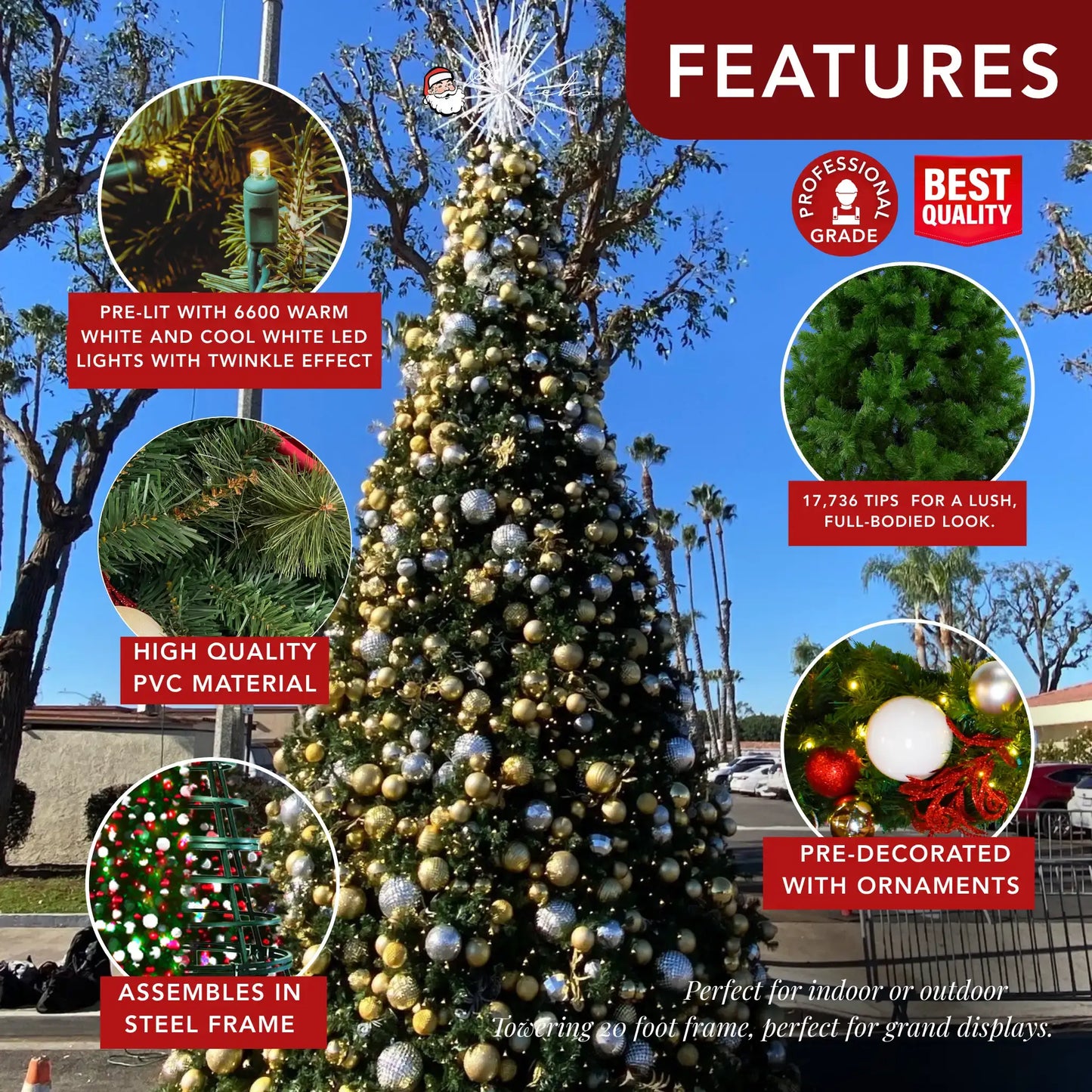 20FT Giant Pre-decorated (White Tips) Gold/Silver Ornaments with Warm/Cool White 5MM Twinkle - Frame Trees