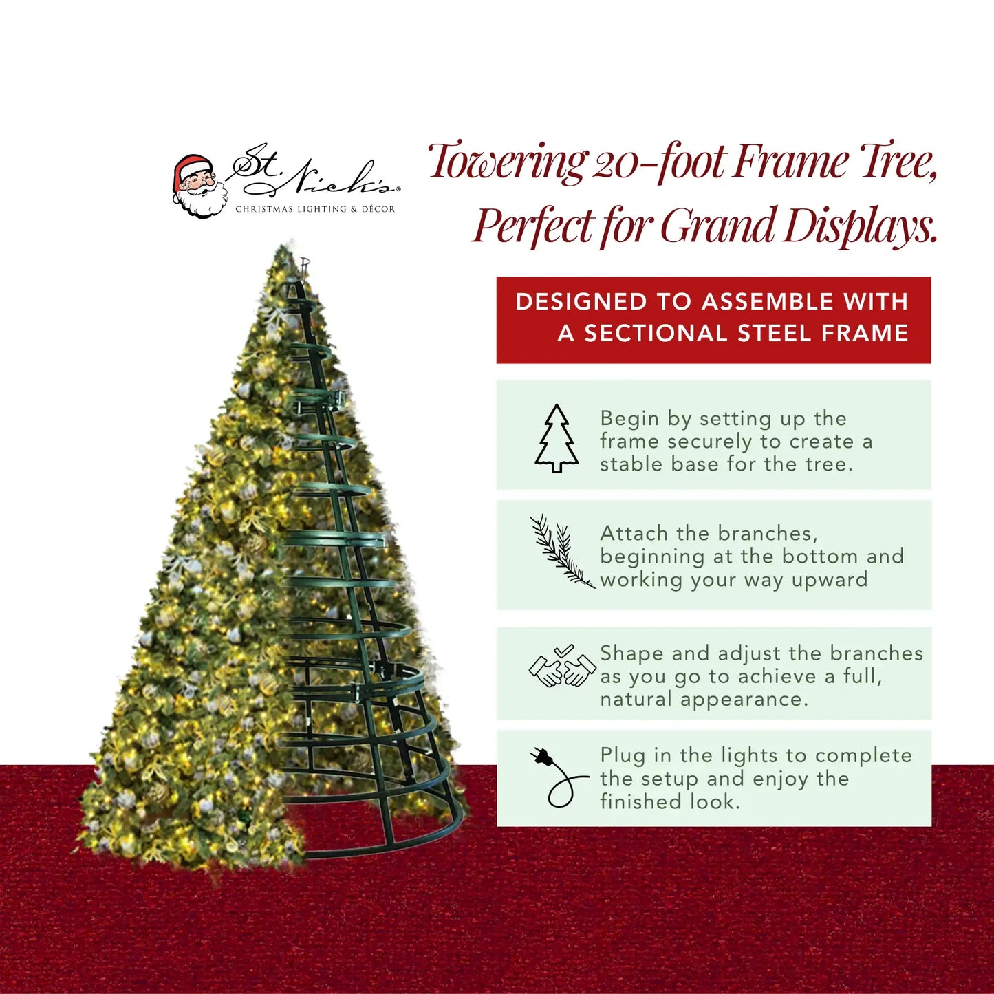 20FT Giant Pre-decorated (White Tips) Gold/Silver Ornaments with Warm/Cool White 5MM Twinkle - Frame Trees
