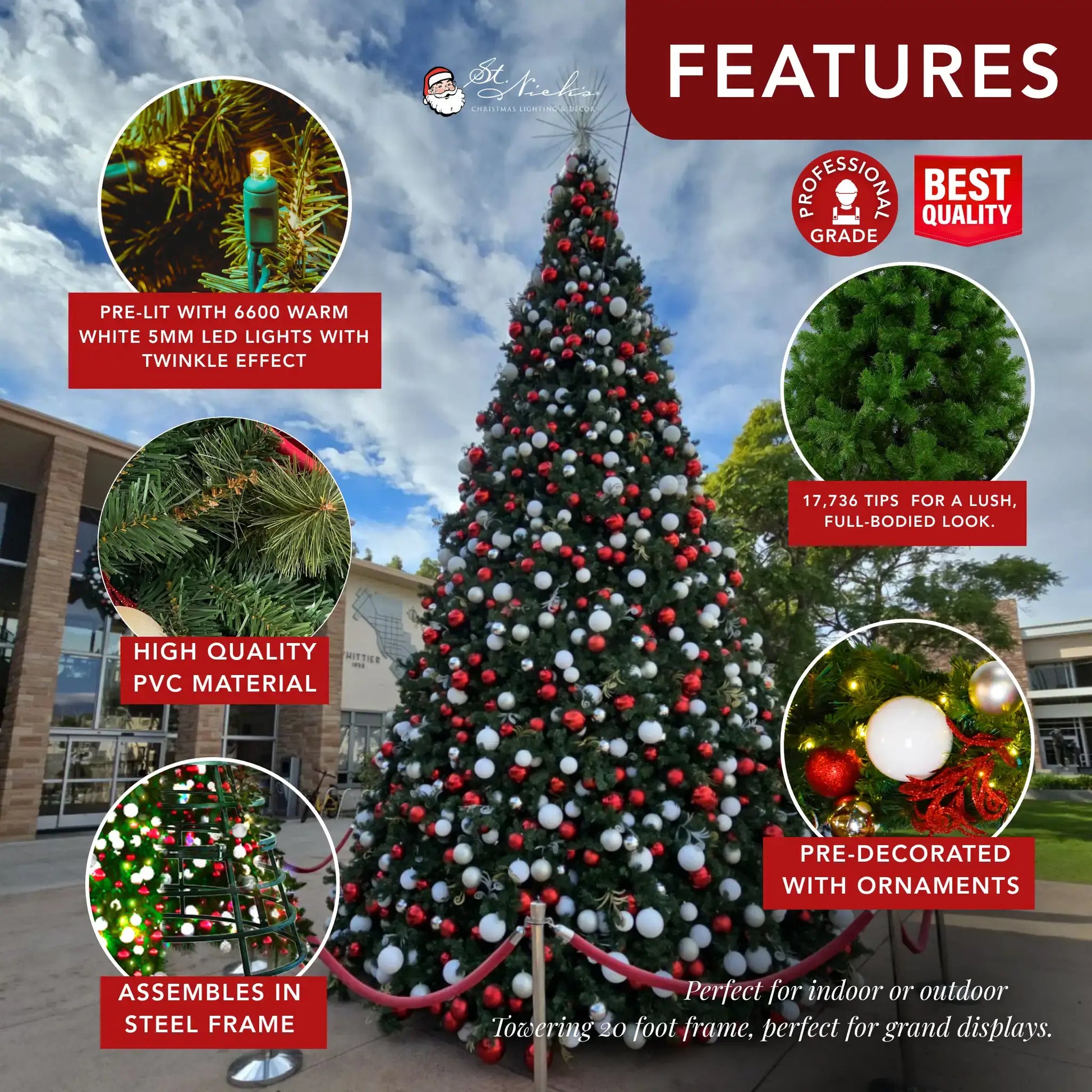 20FT Giant Pre-decorated Red/White/Silver Ornaments with Warm White 5MM Twinkle - Frame Trees