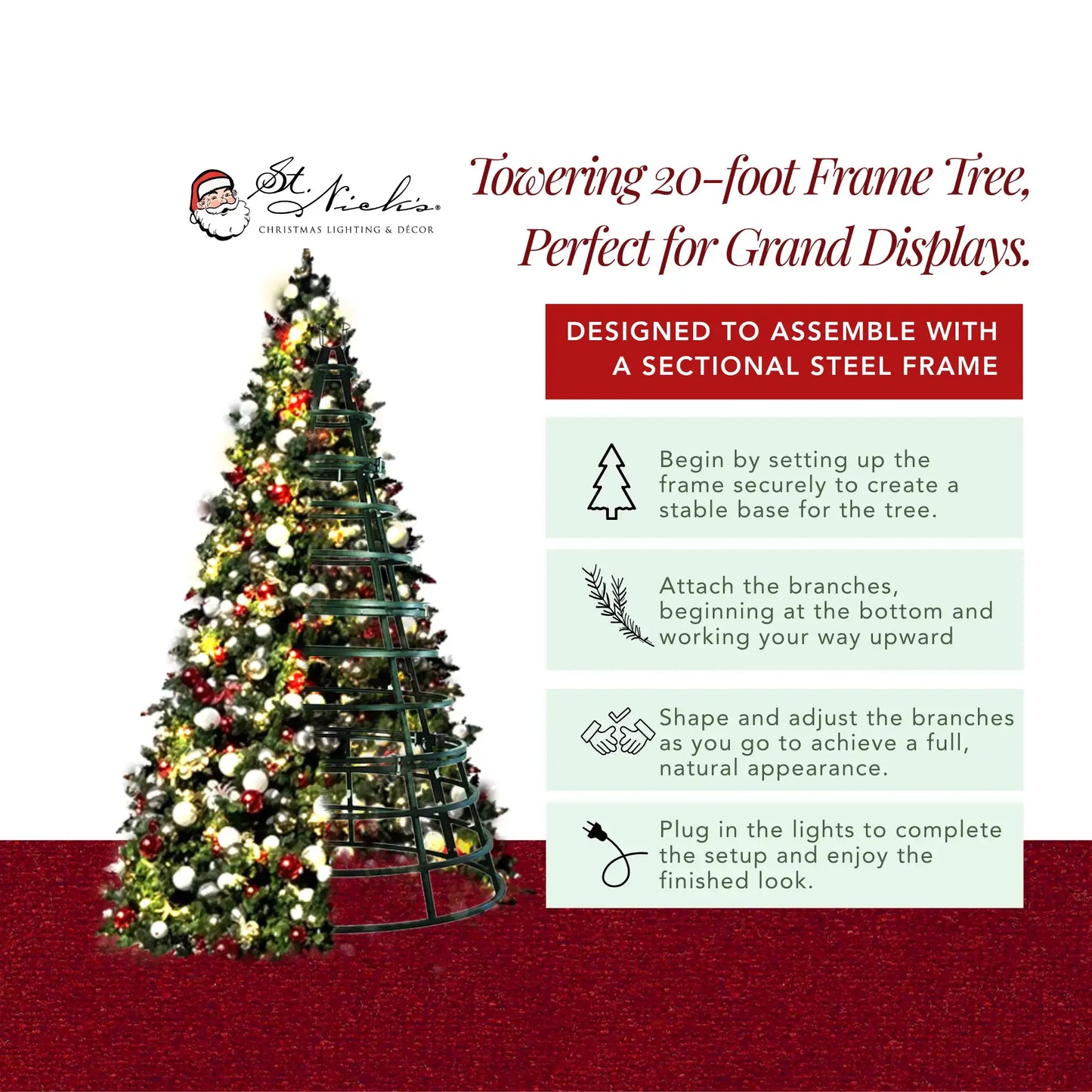 20FT Giant Pre-decorated Red/White/Silver Ornaments with Warm White 5MM Twinkle - Frame Trees
