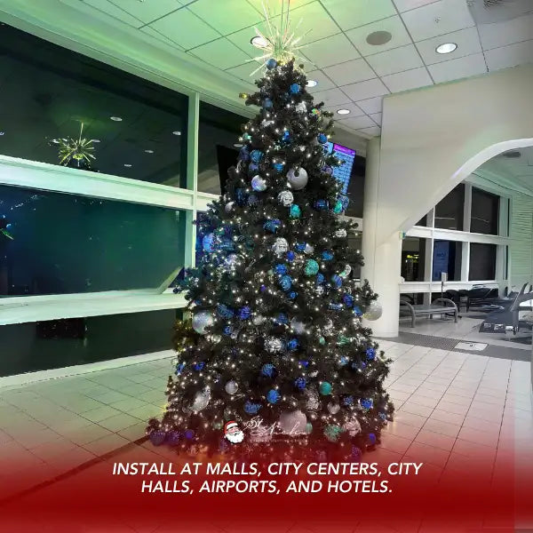 Decorated Christmas tree in a building interior with text overlay.