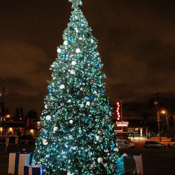 Decorated Christmas tree with lights and ornaments shatterproof