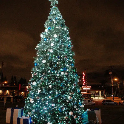 Decorated Christmas tree with lights and ornaments shatterproof