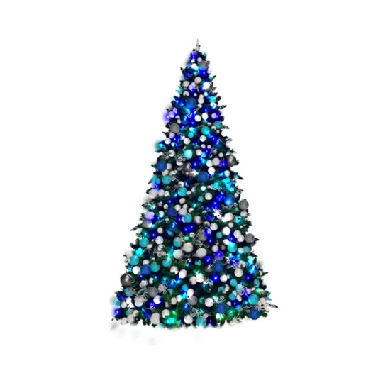 Decorated Christmas tree with ornaments and green lights 