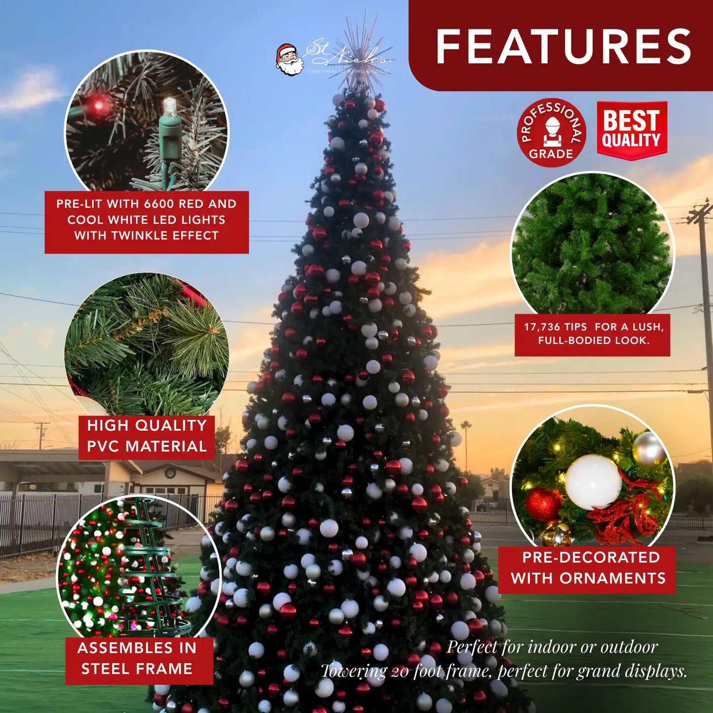 20FT Giant Pre-decorated Red/White/Silver Ornaments with Red and Cool White 5MM Twinkle - Frame Trees