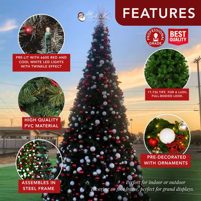 20FT Giant Pre-decorated Red/White/Silver Ornaments with Red and Cool White 5MM Twinkle - Frame Trees