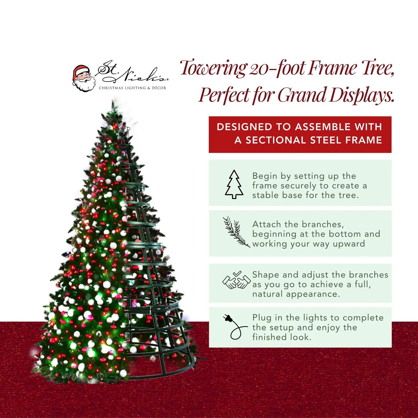 20FT Giant Pre-decorated Red/White/Silver Ornaments with Red and Cool White 5MM Twinkle - Frame Trees