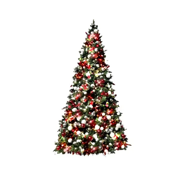 Decorated Christmas tree with red, white, and silver ornaments on a white background