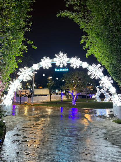 20ft-wide-12ft-tall-cool-white-christmas-lighting-and-decor-walkthrough-snowflake-arch-st-nicks-CA