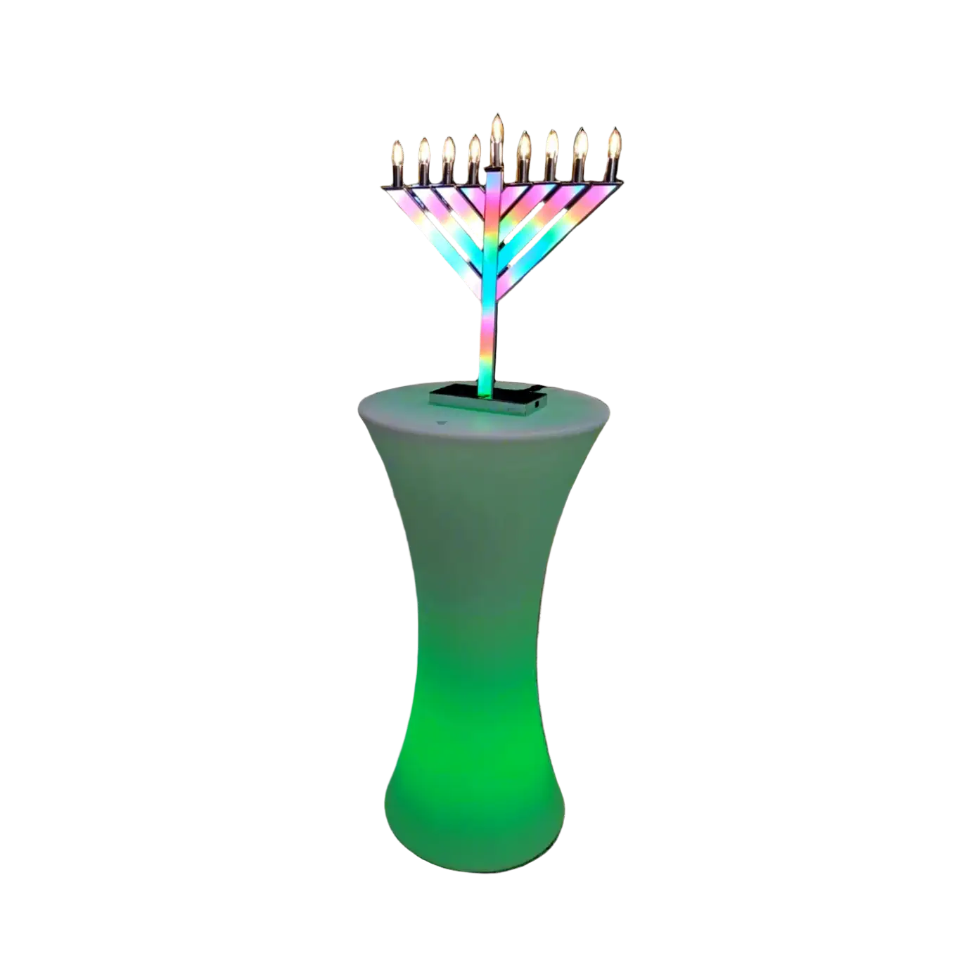 Menorah with colorful flames 