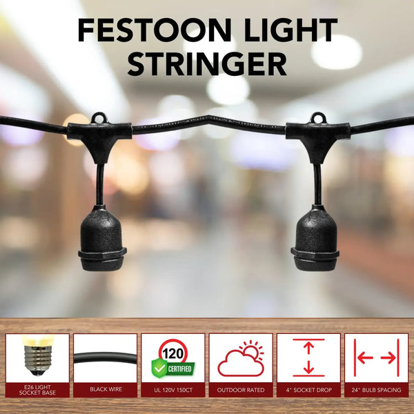 250FT-E26-Festoon-Light-Stringer-with-4-Drop-24-Spacing-Black-Wire-No-Bulbs-4